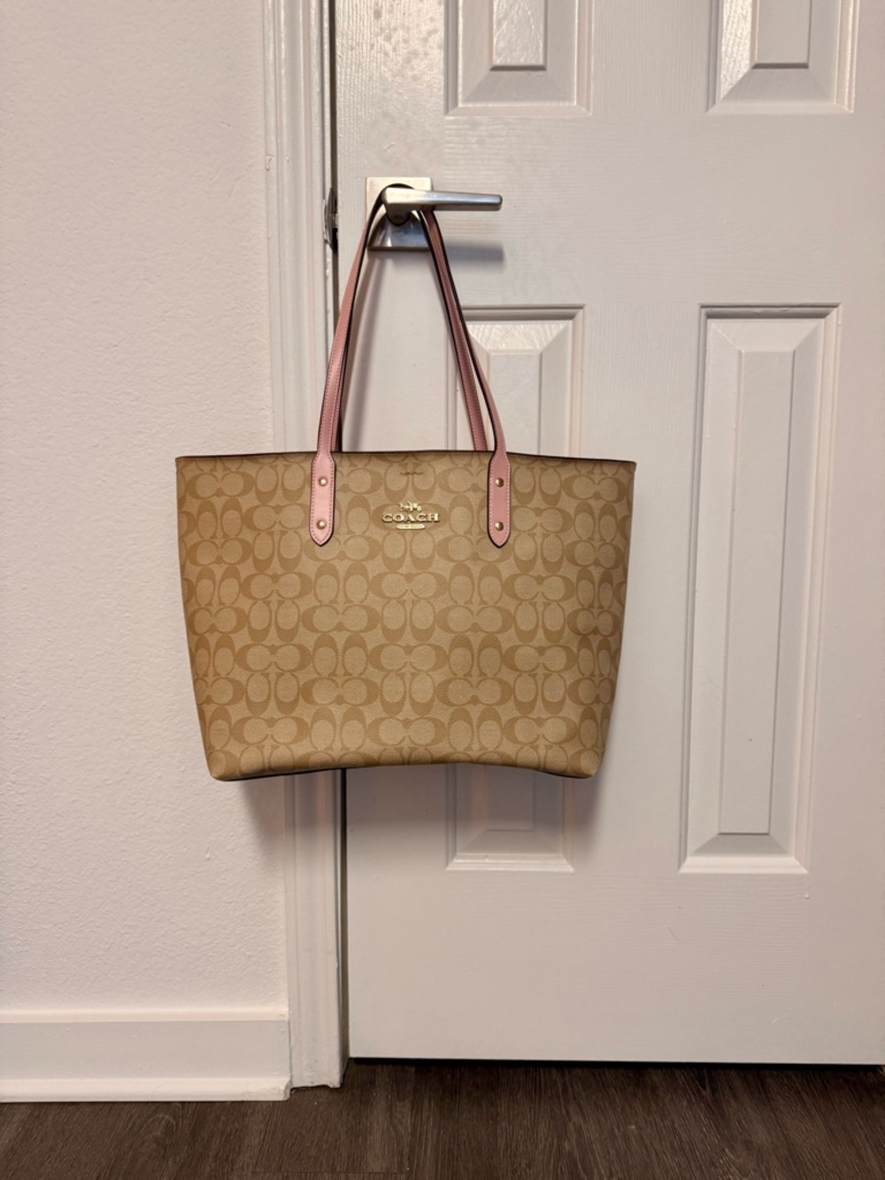 Coach Monogram Canvas Tote in Tan with Pink Handles